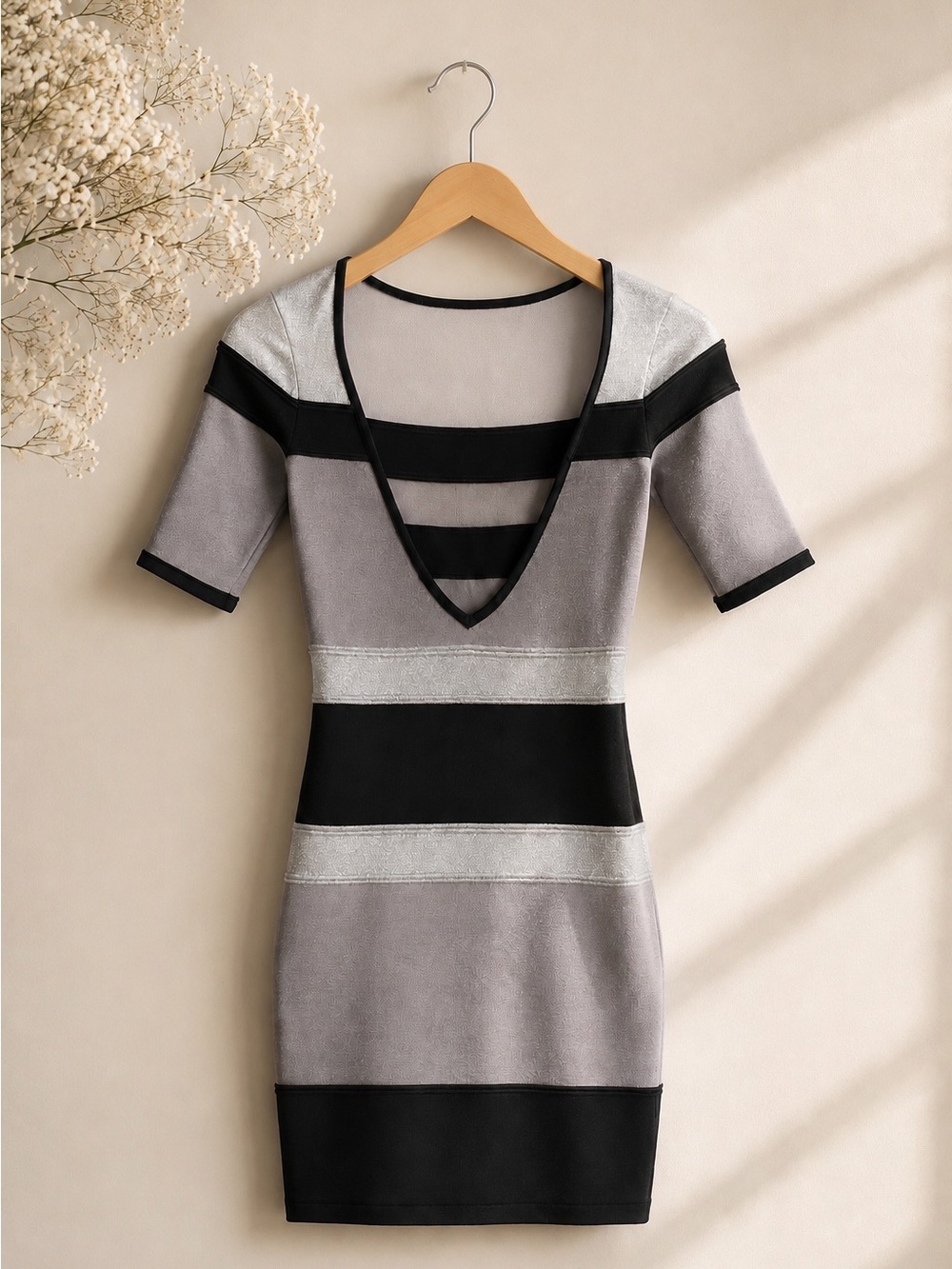 Bebe striped knit bandage dress with metallic silver accents